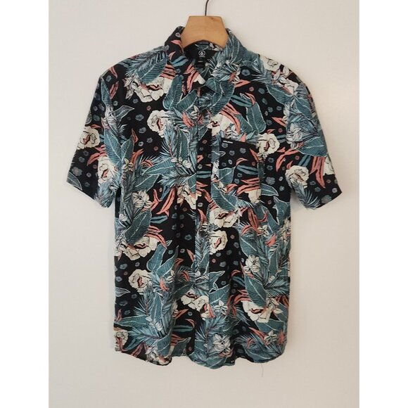 Volcom Hawaiian Shirt Teal Black Tropical Floral Short Sleeve Mens Small NEW - Picture 3 of 14